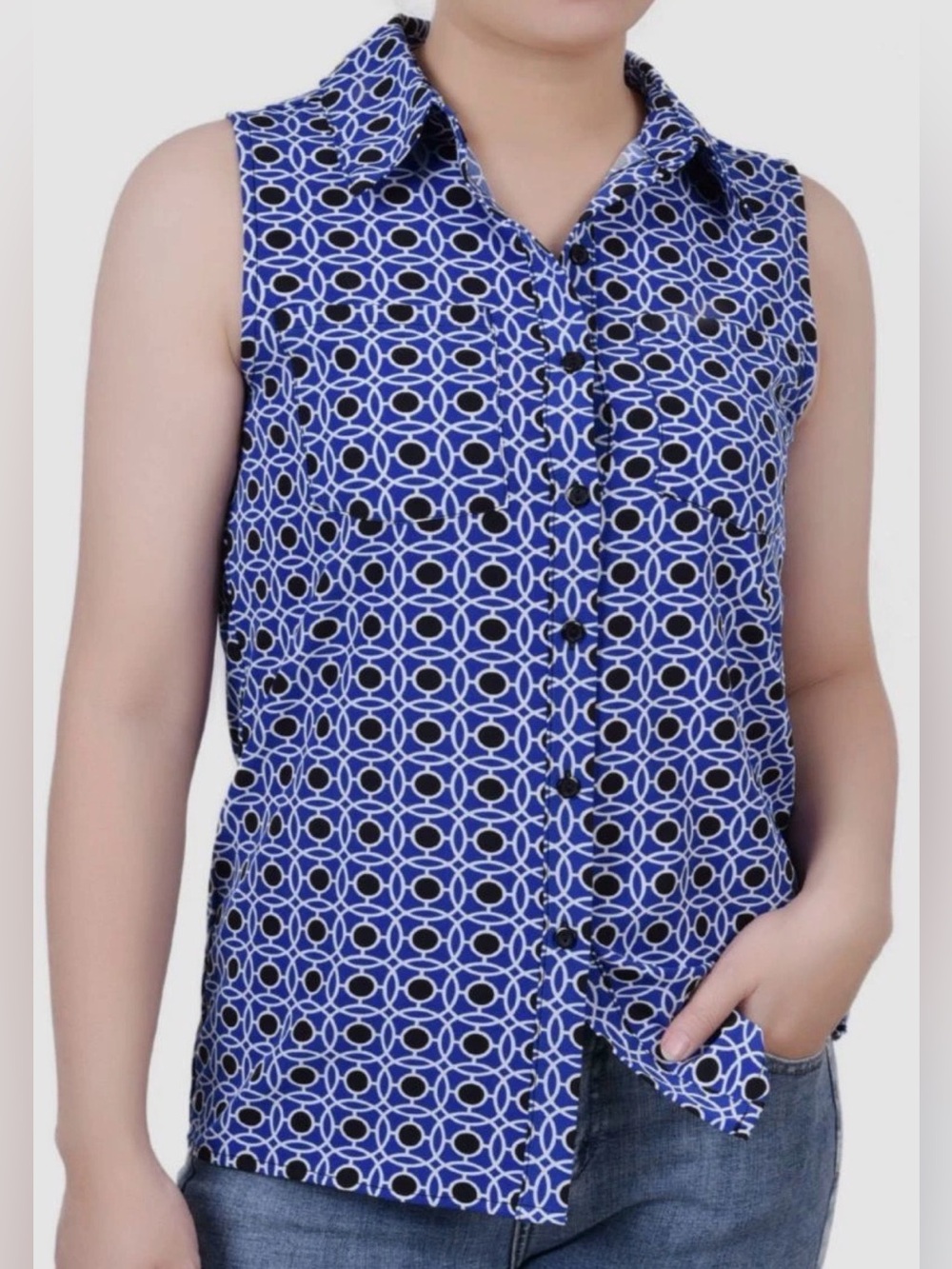 NY Collection Women Blue Petite Sleeveless Notch Collar Button Blouse